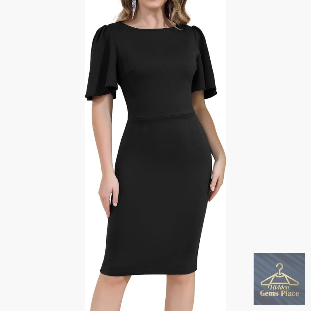 Short Sleeve Work Sheath Midi Dress Fitted Cocktail Party Church Funeral